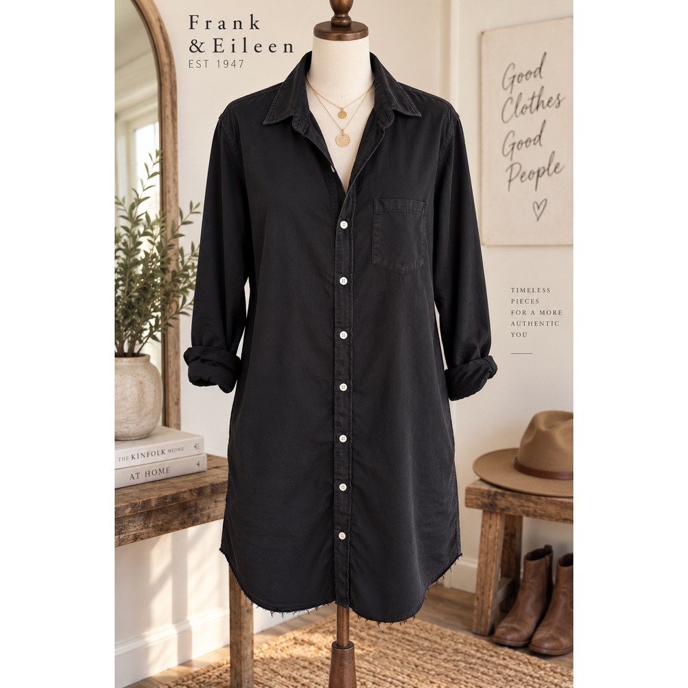 Frank & Eileen Mary Black Cotton Button Down Shirt Dress MED Frayed Hem Casual